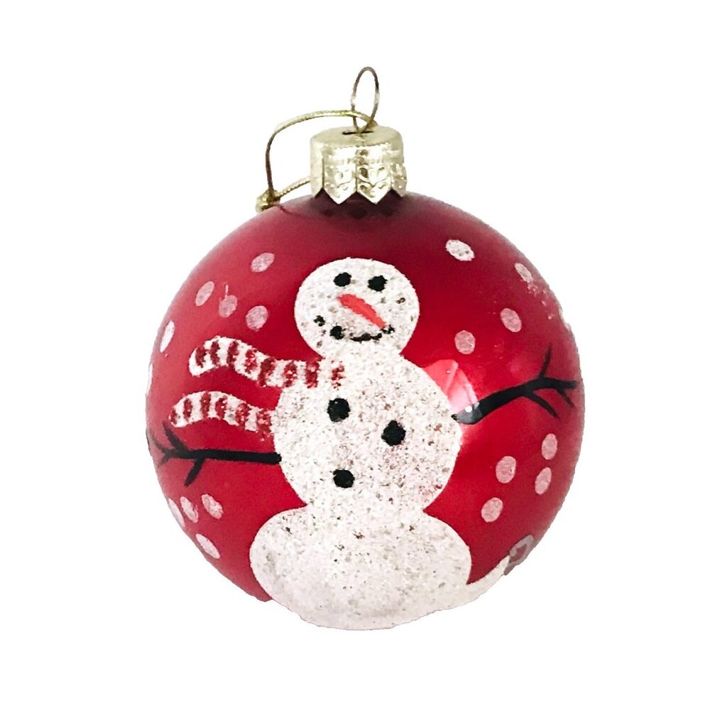 Vintage Hand Painted Snowman Ornament Red Glass Ball Handmade Christmas